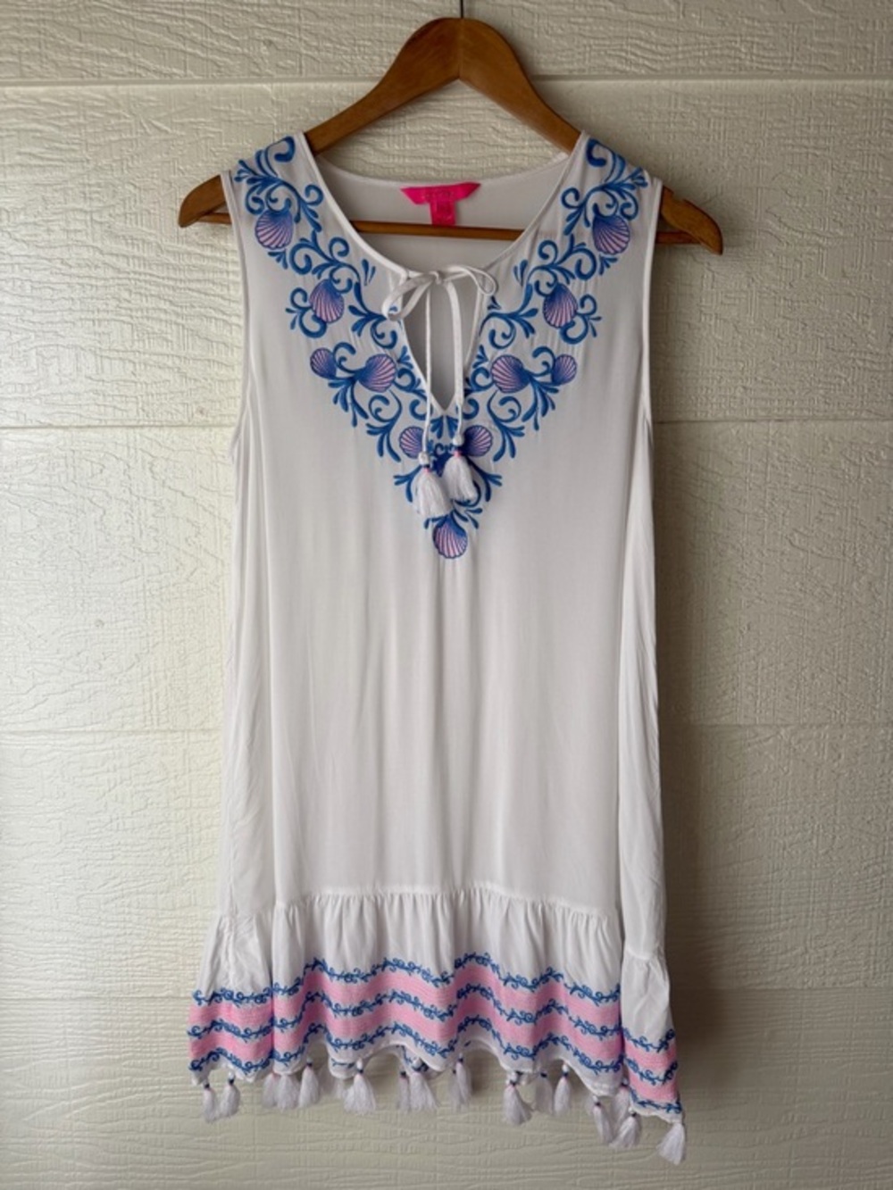 Lilly Pulitzer White Embroidered Tassel Hem Cover Up Dress Small
